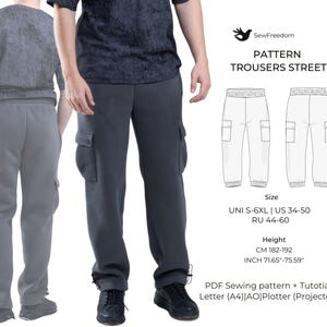 May include: Sewing pattern for trousers with cargo pockets. The pattern includes instructions for sizes S-6XL, US 34-50, and RU 44-60. The pattern is available in PDF format and includes a tutorial. The pattern is designed for letter (A4), AO, plotter, and projector use.