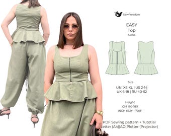May include: A light green sleeveless top with a peplum waist and a front zipper, paired with matching pants. The image also includes a diagram of the top and text that reads "EASY Top Siena" and size information.