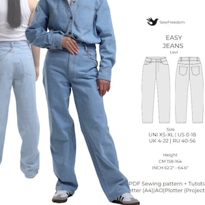 Puede incluir: Un patrón de costura digital para jeans fáciles, llamado "Levi", en tallas XS-XL. El patrón incluye instrucciones para las tallas US 0-18, UK 4-22 y RU 40-56. El patrón está diseñado para una altura de 158-164 cm (62,2" a 64,6").