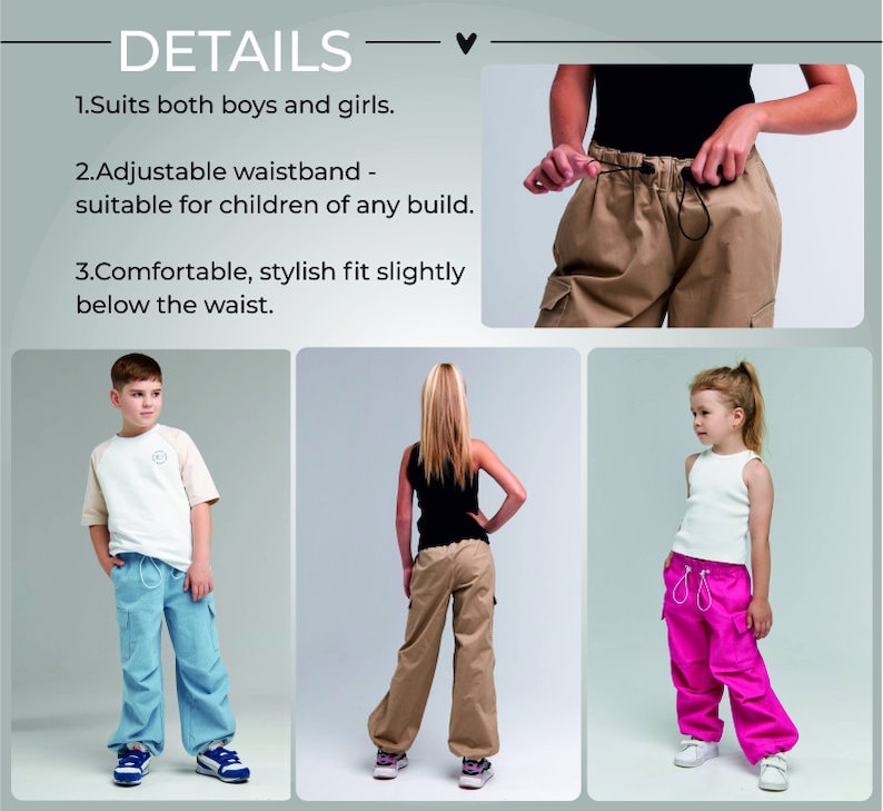 Girl Cargo Pants Pattern, Kids Baggy Pocket Pants patterns, Tech Style girl patterns, Girl Streetwear Pants / Height 128 158 50-62 inches image 2