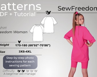 T-shirt pattern for woman with tutorial, Easy to sew patterns, Basic shirt sewing patterns, Easy Digital PDF / Height 170-180, Size 3XS-4XL