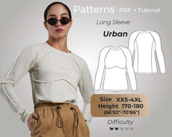 Hiking woman shirt pattern, Long sleeve shirt sewing patterns, Tech Stretch Crewneck Shirt patterns / Height 170-180, Size 2XS-4XL