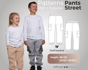 Cargo jogger pants with side pockets and patch pockets - PDF pattern for girls and boys - ages 2Y-8Y,  86-122 height