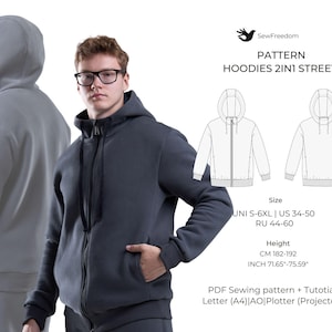 以下が含まれることがあります： ジッパー付きフード付きスウェットシャツの縫製パターン。パターンはS-6XLサイズで、スウェットシャツの作り方の説明が含まれています。パターンはPDF形式で入手可能で、A4用紙に印刷したり、プロジェクターでプロットしたりできます。