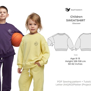 May include: Sewing pattern for a children's sweatshirt, ages 8-13, with a height range of 128-158 cm. The pattern includes instructions for a crew neck sweatshirt with long sleeves. The pattern is available in PDF format and can be printed on A4 paper, A0 paper, or a plotter.
