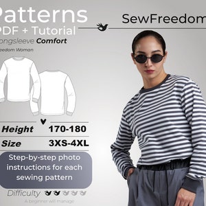 Blouse pattern for woman with tutorial, Easy to sew patterns, Long sleeve shirt sewing patterns / Height 170-180, Size 3XS-4XL