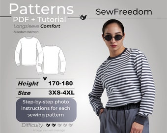 Blouse pattern for woman with tutorial, Easy to sew patterns, Long sleeve shirt sewing patterns / Height 170-180, Size 3XS-4XL