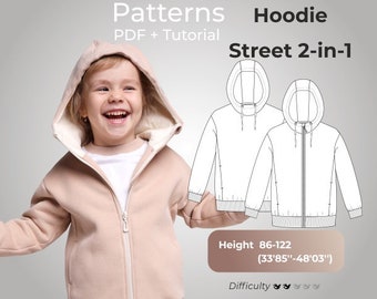 Adjustable Hoodie Sewing Pattern  2in1 | Sizes 34"-48" (86-122 cm) | Zip & No-Zip Options | Unique Cuff Design | Mid-Hip Length