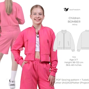 May include: PDF sewing pattern for a children's bomber jacket. The pattern includes instructions for sizes 3-7, with a height range of 98-122 cm. The pattern is available in letter, A0, plotter, and projector formats.