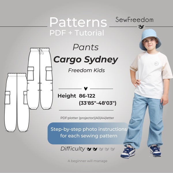 Girl Cargo Pants Pattern, Kids Baggy Pocket Pants patterns, Tech Style girl patterns, Girl Streetwear Pants / Height 86-122