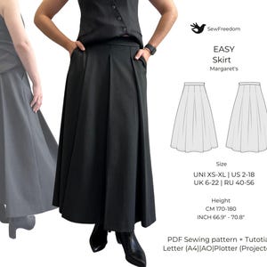 May include: A sewing pattern for an easy skirt, with instructions for sizes XS-XL, US 2-18, UK 6-22, and RU 40-56. The pattern is for a skirt that is 66.9 to 70.8 inches long. The pattern is available in PDF format and includes a tutorial. The pattern is for a skirt that is 170 to 180 centimetres long.