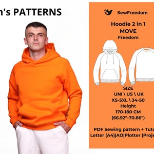 Men's hoodie/sweatshirt Pattern with raglan sleeves and kangaroo pocket men's, hoodie pattern, sizes XS-5XL us/uk 34-50, easy digital PDF image 1