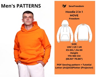 Men's hoodie/sweatshirt Pattern with raglan sleeves and kangaroo pocket men's, hoodie pattern, sizes XS-5XL (us/uk 34-50), easy digital PDF