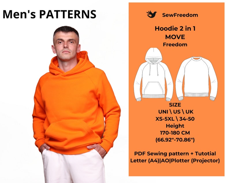 Men's hoodie/sweatshirt Pattern with raglan sleeves and kangaroo pocket men's, hoodie pattern, sizes XS-5XL us/uk 34-50, easy digital PDF image 1