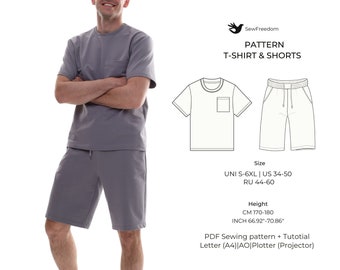 Patrón de camiseta y pantalones cortos para hombre / Tallas S-6XL / Camiseta clásica de cuello redondo y pantalones cortos con bolsillos / Patrón de costura digital fácil en PDF