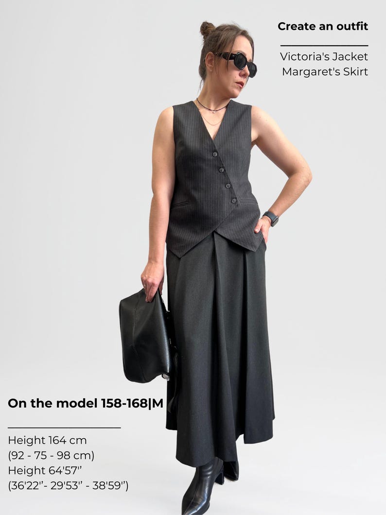 May include: A woman wearing a black and white striped vest and a long black skirt. The text "Create an outfit" is at the top of the image. The text "Victoria's Jacket" and "Margaret's Skirt" are below the text "Create an outfit".