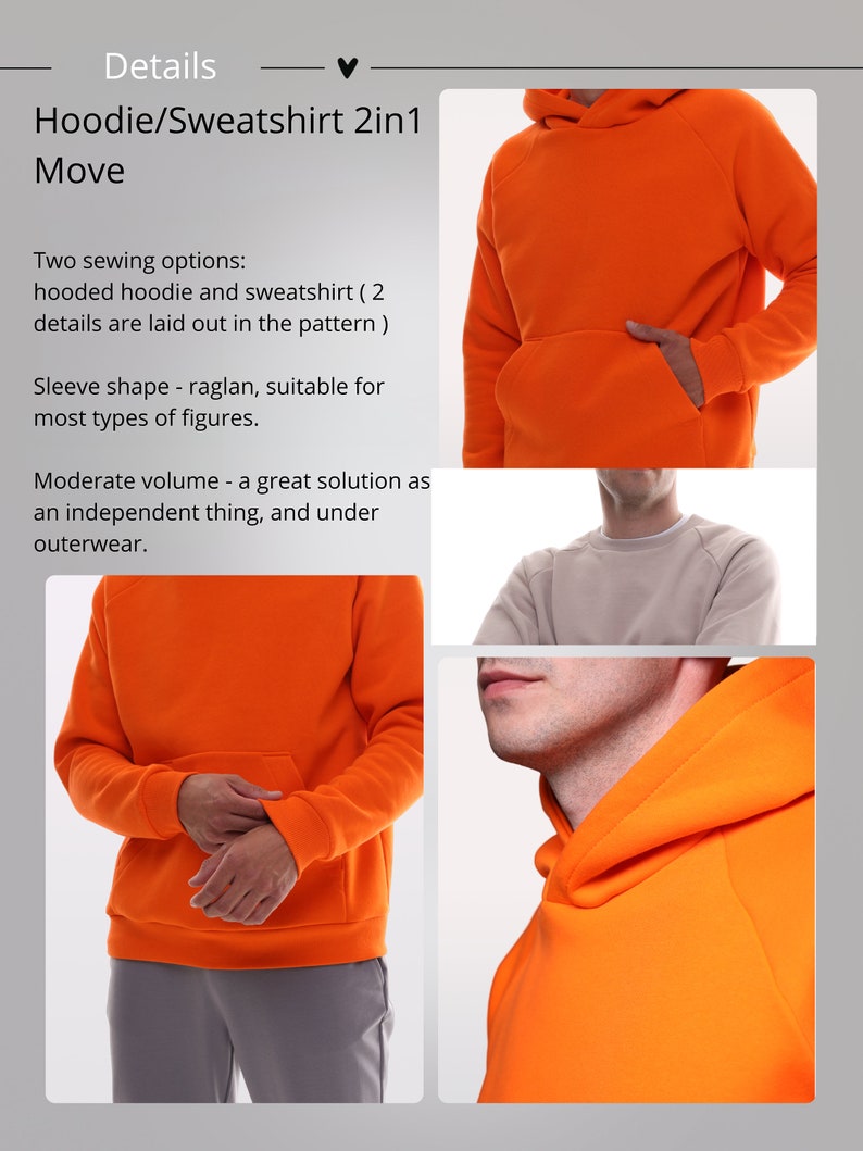 Men's hoodie/sweatshirt Pattern with raglan sleeves and kangaroo pocket men's, hoodie pattern, sizes XS-5XL us/uk 34-50, easy digital PDF image 3