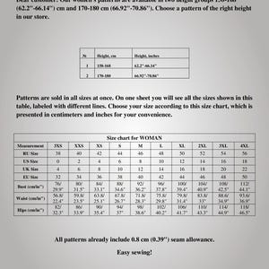 May include: A size chart for women's sewing patterns, showing measurements in inches and centimeters for bust, waist, and hips. The chart includes sizes from 3XS to 4XL.