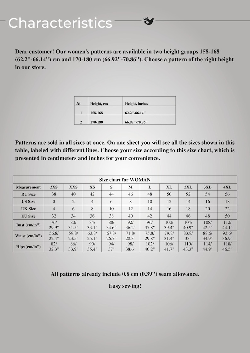 May include: A size chart for women's sewing patterns, showing measurements in inches and centimeters for bust, waist, and hips. The chart includes sizes from 3XS to 4XL.
