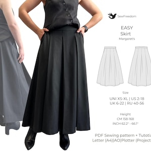 May include: A black skirt sewing pattern with a simple design. The pattern includes instructions for sizes XS-XL, US sizes 2-18, UK sizes 6-22, and Russian sizes 40-56. The pattern is for a skirt that is 62.2 to 66.1 inches long.
