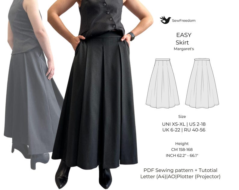 May include: A black skirt sewing pattern with a simple design. The pattern includes instructions for sizes XS-XL, US sizes 2-18, UK sizes 6-22, and Russian sizes 40-56. The pattern is for a skirt that is 62.2 to 66.1 inches long.