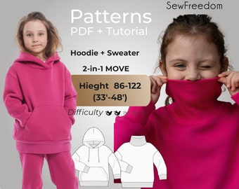 Kids Hoodie pattern 2in1, Child sweatshirt pattern with hood, kids sweater sewing pattern, Trendy Hoodie patterns / Height 86-122