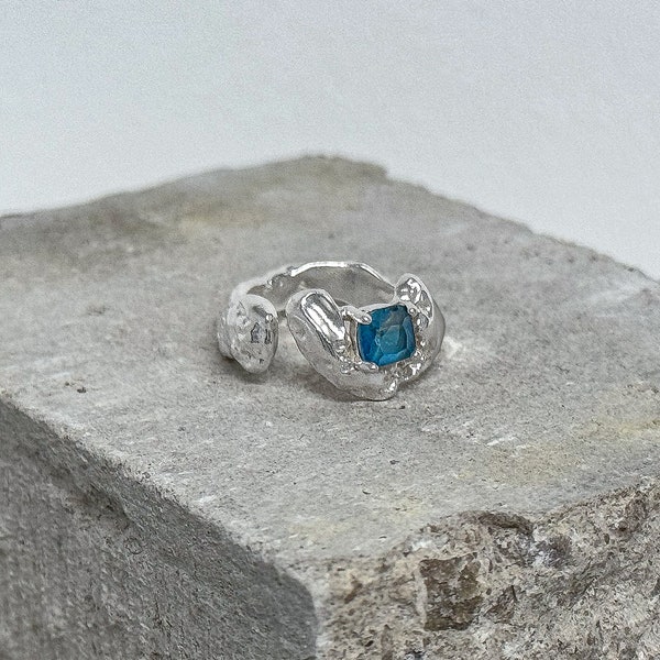 925 Sterling Silver Ring Brutalist Ring Blue Ring Zircon Ring Handmade Ring Hammered Ring Adjustable Ring Textured Ring Statement Ring