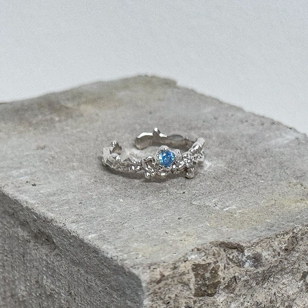 925 Sterling Silver Ring Brutalist Ring Blue Ring Zircon Ring Handmade Ring Hammered Ring Adjustable Ring Textured Ring Statement Ring