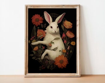 White Rabbit with Poppy flowers Dark Academia |Digital print |Dark art decor |Goth decor | Rabbit flowers| Alternative Design | rabbit print