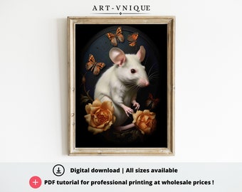 White Rat with Monarch Butterflies Dark Academia |Digital print |Dark art decor |Goth decor | Rat flowers| Alternative Design | Rat print