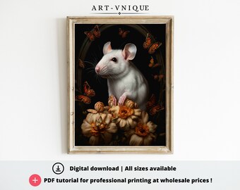 White Rat with Monarch Butterflies Dark Academia |Digital print |Dark art decor |Goth decor | Rat flowers| Alternative Design | Rat print