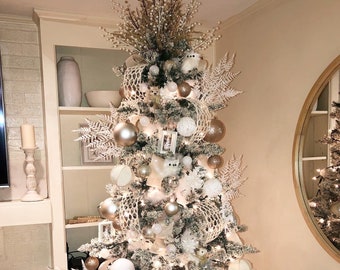 Winter Wonderland White and Gold Christmas Tree Kit - includes ornaments, fillers, ribbon, furry owl and squirrel ornaments, tree topper