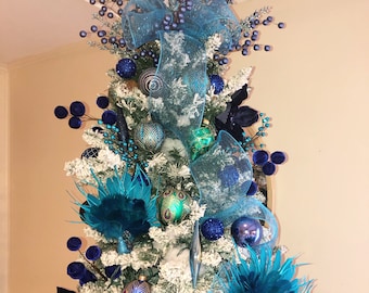 Blue Peacock Christmas Tree Kit - Blue Christmas Ornaments, Navy Christmas Ornaments, Peacock Christmas, Includes ribbon, ornaments, picks