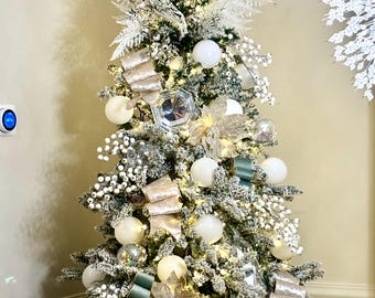 White Christmas Tree Decorating Kit: Jewel Ornaments & Velvet Ribbon