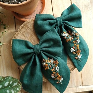 Floral hair bow, green linen ribbon flower embroidery, hand embroidered hair bow, embroidered hair clip image 5