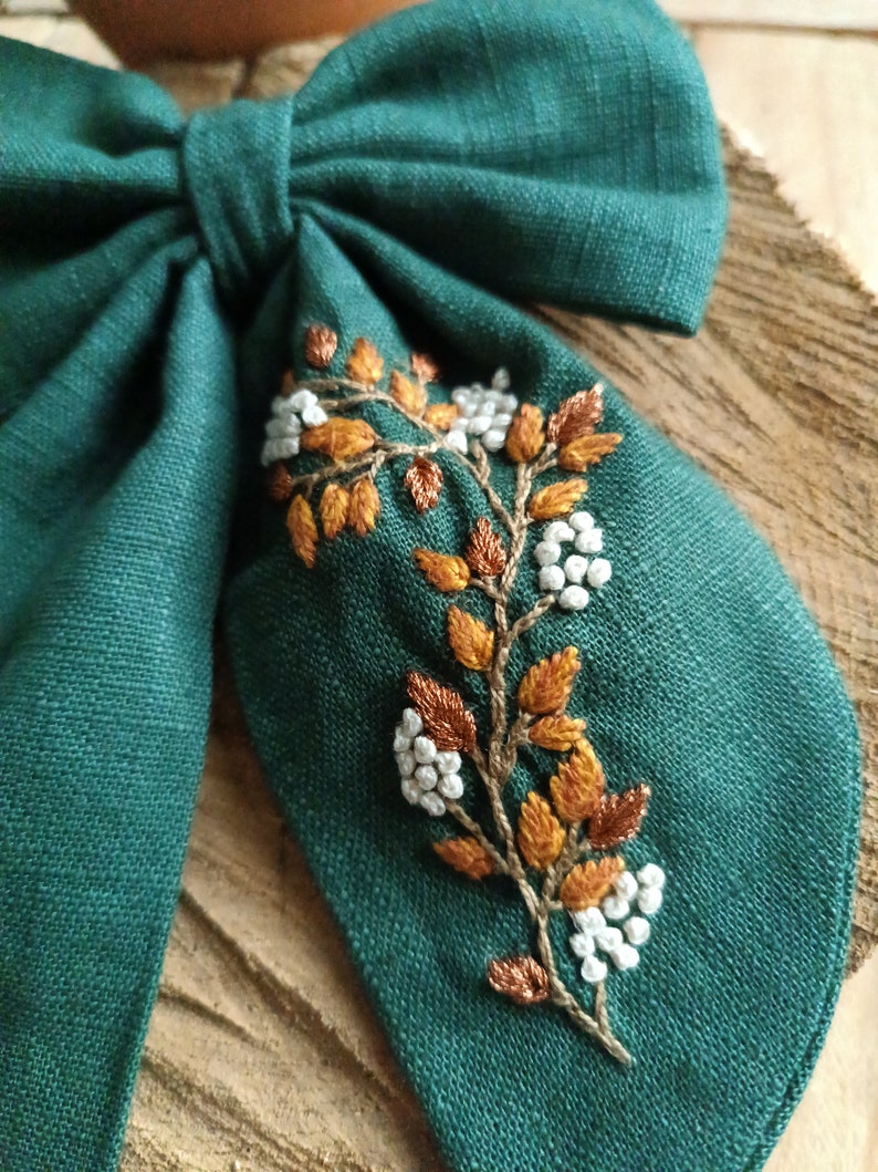 Floral hair bow, green linen ribbon flower embroidery, hand embroidered hair bow, embroidered hair clip image 4