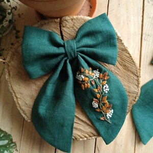 Floral hair bow, green linen ribbon flower embroidery, hand embroidered hair bow, embroidered hair clip image 1