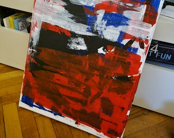 Pittura espressionista astratta: rosso, bianco e blu