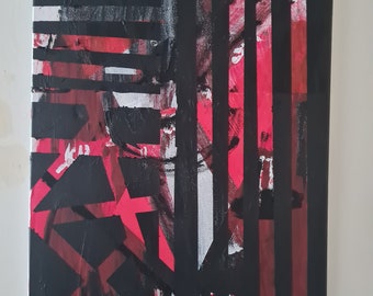 Dipinto espressionista astratto: linee rosse, nere e bianche - Pezzo unico