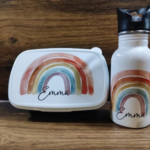 Trinkflasche, Lunchbox, Brotzeitdose, Vesperdose, Set, Regenbogen,mit Abtrennung, mit Namen, Trinkflasche, Kinder, Kinderflasche