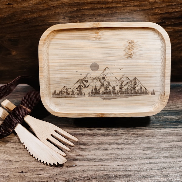 Brotzeitdose, Edelstahl mit Bambusdeckel Berge Bergmotiv wandern reisen lunchbox