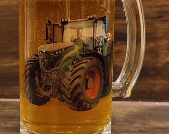 Bierkrug, Glaskrug, Traktor, Schlepper, mit Namen