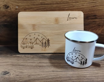 Camping Set, Camping Frühstückset, Camping Doppelset, Camping Tasse, Emaille Tasse, Camping Brettchen, Camping Set personalisiert