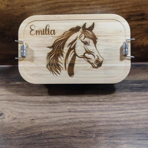 Lunchbox, Brotzeitdose, Pferd, mit Namen, Edelstahl, Bambusdeckel