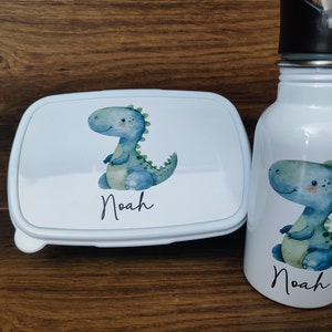 Set Trinkflasche Lunchbox, Dino, Dinosaurier, Brotzeitdose, Trinkflasche, Geschenk, mit Namen, Schule, Kindergarten