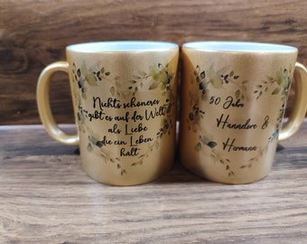 Goldene Hochzeit Geschenk Tasse golden mit Namen und Spruch, Blätterherz, Herz Tasse, Set