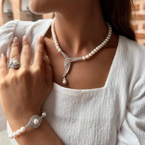 Jewelry set with crystals: 4-piece freshwater pearl set in 925 silver&quot; pearl necklace pearl bracelet pearl earrings & pearl ring