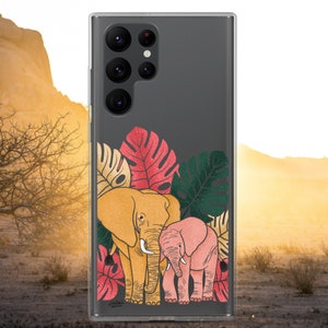 Elephant Samsung Case: Mother & Baby, Tropical Leaves, Clear TPU