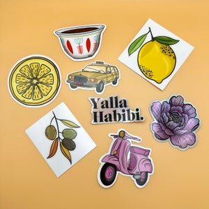 Fresh Summer Vinyl Stickers - Glossy and Holographic Stickers - Arabic Saying - Lebanese Vintage Stickers - Coffee Lemon Olives Taxi Vespa