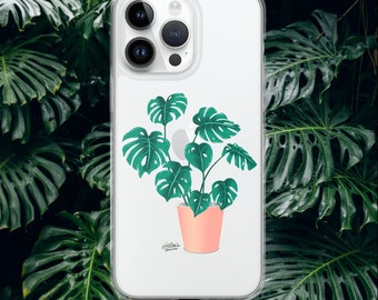 Funda transparente para iPhone con diseño de planta tropical y monstera